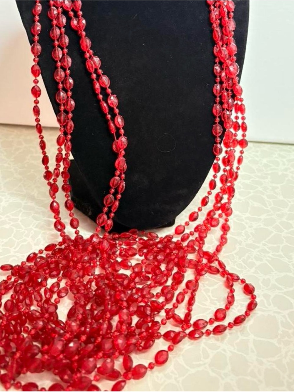 Vintage very long multi strand Red glass bead necklace with round beads